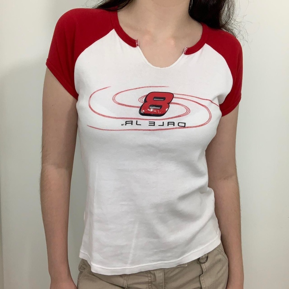 Dale Jr NASCAR racing red and white baseball tee